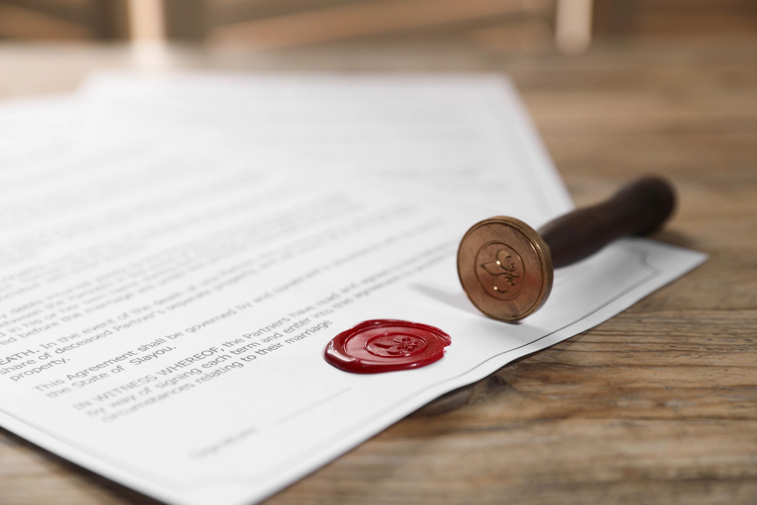 Notary stamp and documents close up